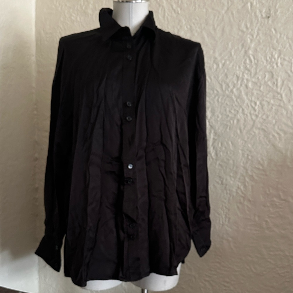 Zara Black Satin Button Up Shirt Blouse Medium